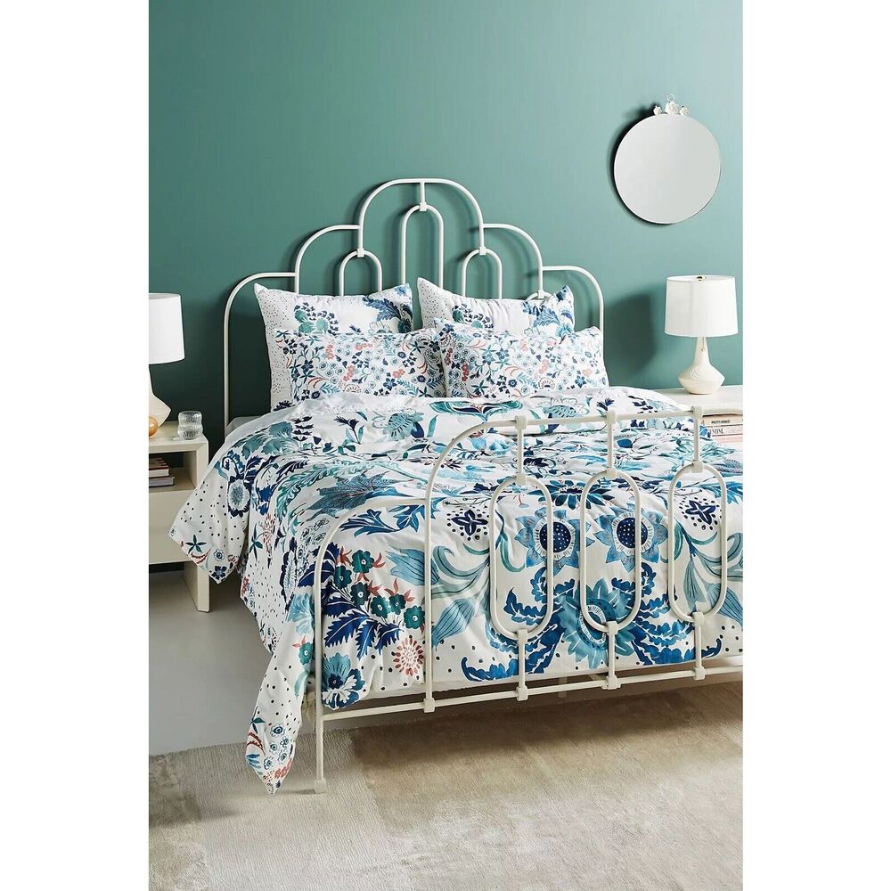 Anthropologie Blue Teal Floral Quilted Coverlet Set
